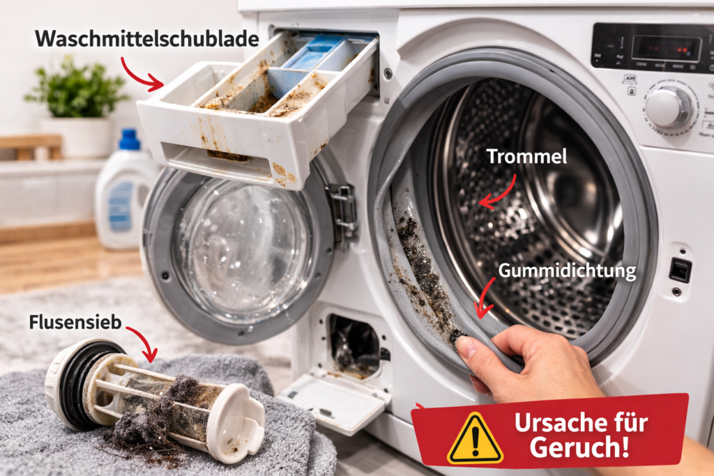 Waschmaschine stinkt durch Rückstände in Dichtung, Waschmittelschublade und Trommel
