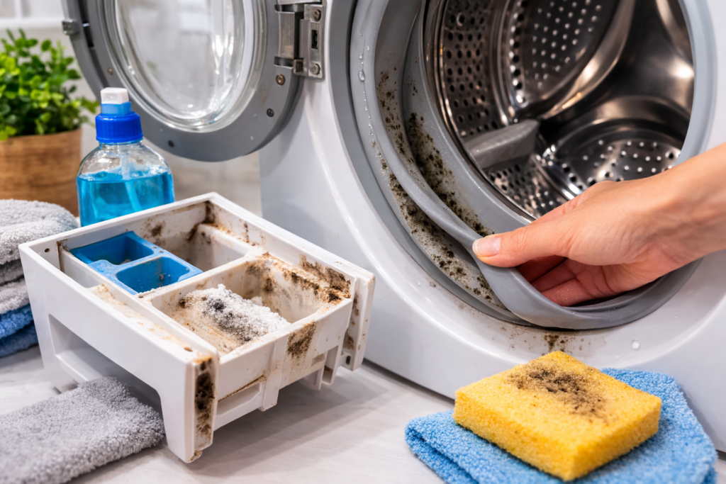 Gummidichtung und Waschmittelschublade der Waschmaschine gründlich reinigen