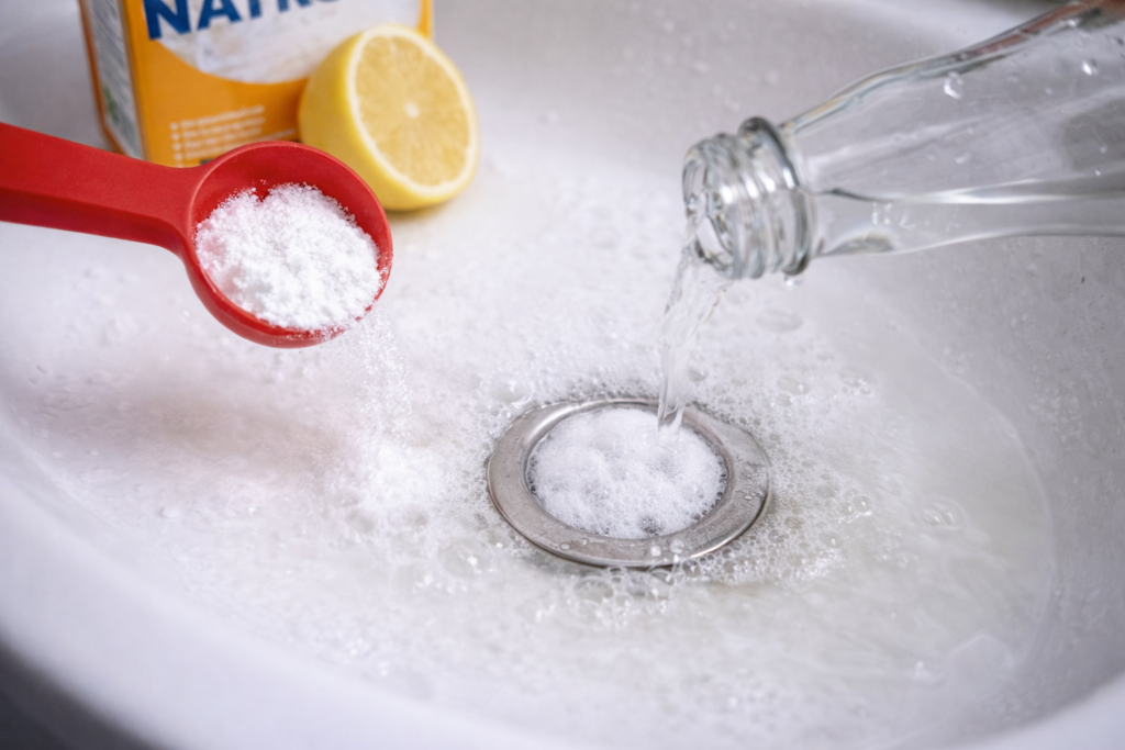 Abfluss verstopft – Natron und Essig als Hausmittel zur Reinigung eines verstopften Waschbeckenabflusses