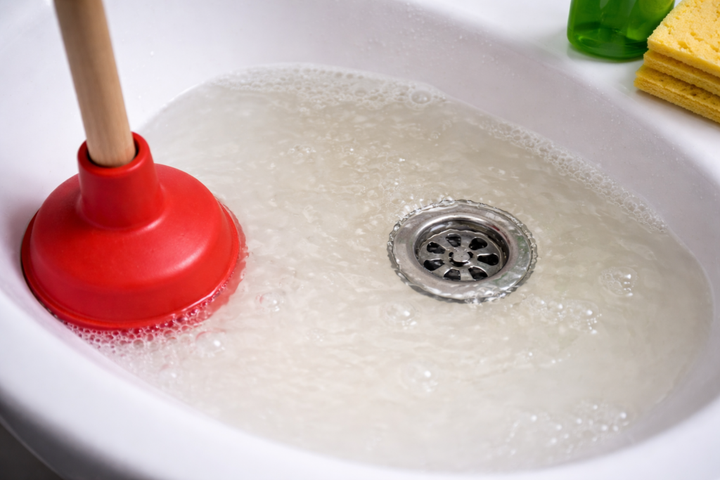 Abfluss verstopft – Waschbecken mit Pümpel und leicht stehendem Wasser als Symbol für Reinigung und Lösung