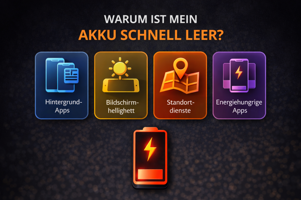 Akku schnell leer – Übersicht typischer Ursachen wie Hintergrund-Apps, Bildschirmhelligkeit, Standortdienste und stromhungrige Apps