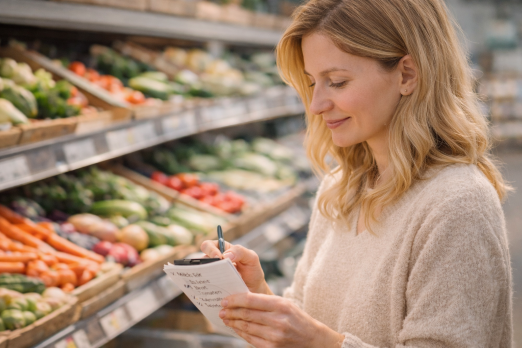 Mit Einkaufszettel beim Einkaufen Geld im Haushalt sparen