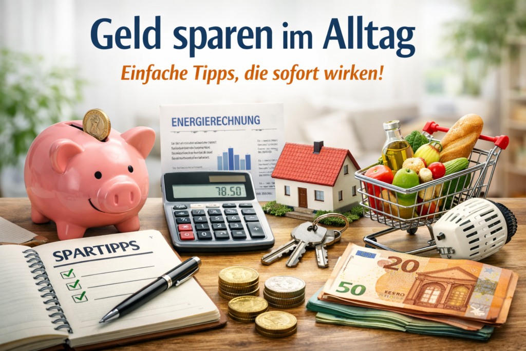 Geld sparen im Alltag mit Tipps wie Haushaltsplanung, Strom sparen und bewusste Ausgaben im Haushalt