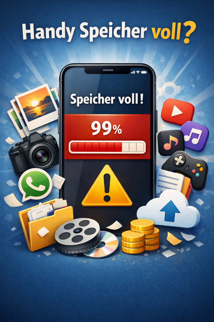 Handy Speicher voll Anzeige auf Smartphone mit Warnung und Icons für Apps, Fotos und Dateien – Speicherplatz freimachen Anleitung