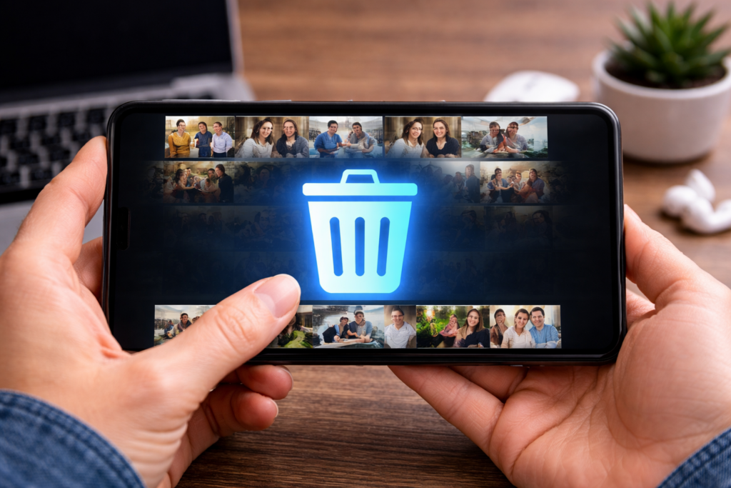 Handy Speicher voll – Smartphone zeigt Fotos und Dateien die gelöscht werden um Speicherplatz freizumachen