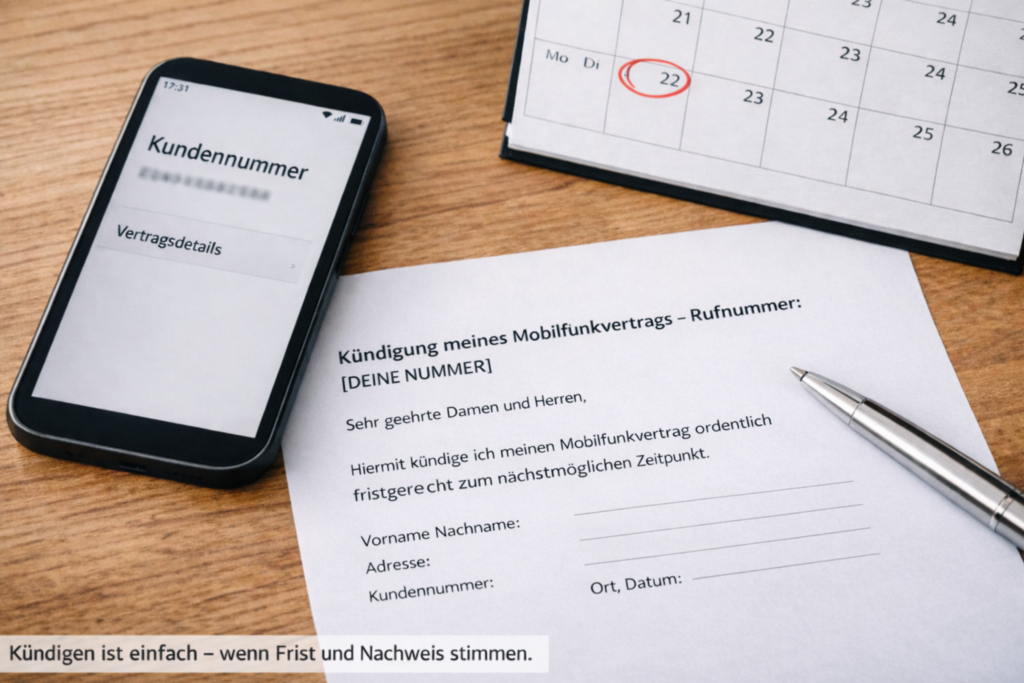 Handyvertrag kündigen – Kündigungsschreiben, Smartphone mit Kundennummer und Kalender mit Kündigungsdatum.