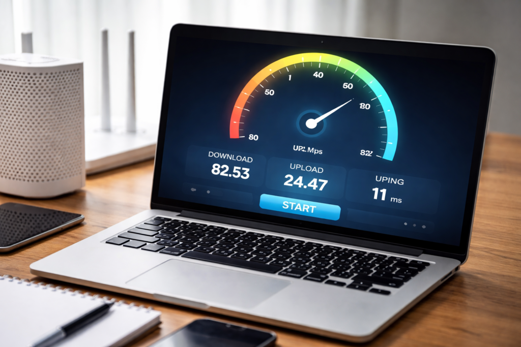 Internet Geschwindigkeit testen: Laptop auf Schreibtisch mit Internet-Speedtest, Router und Smartphone zur Messung der Internetgeschwindigkeit