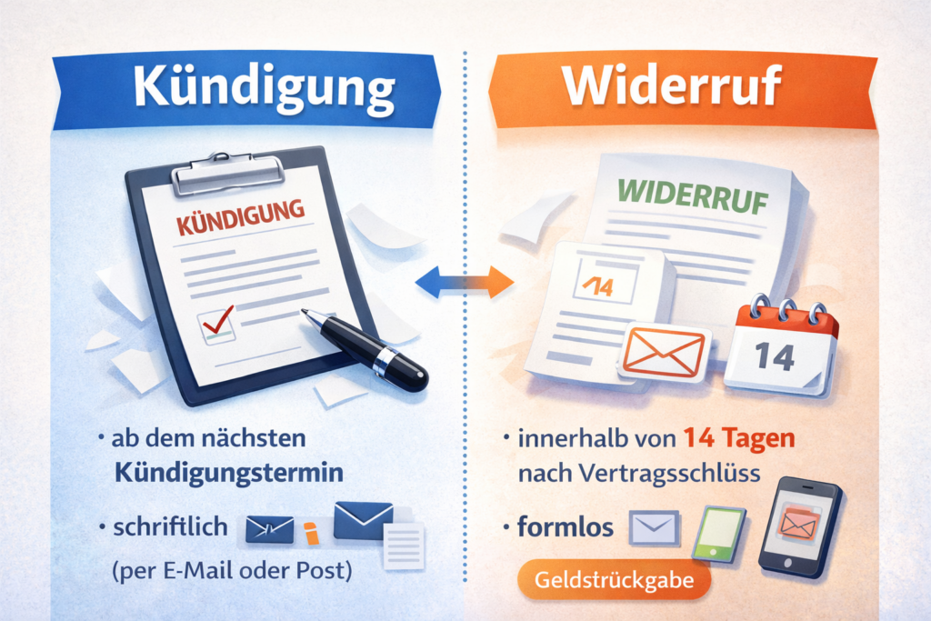 Verträge kündigen oder widerrufen Unterschied Infografik mit 14 Tage Widerrufsrecht und Kündigungsfrist