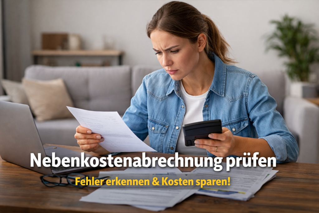 Frau prüft Nebenkostenabrechnung Nebenkostenabrechnung prüfen und Kosten kontrollieren