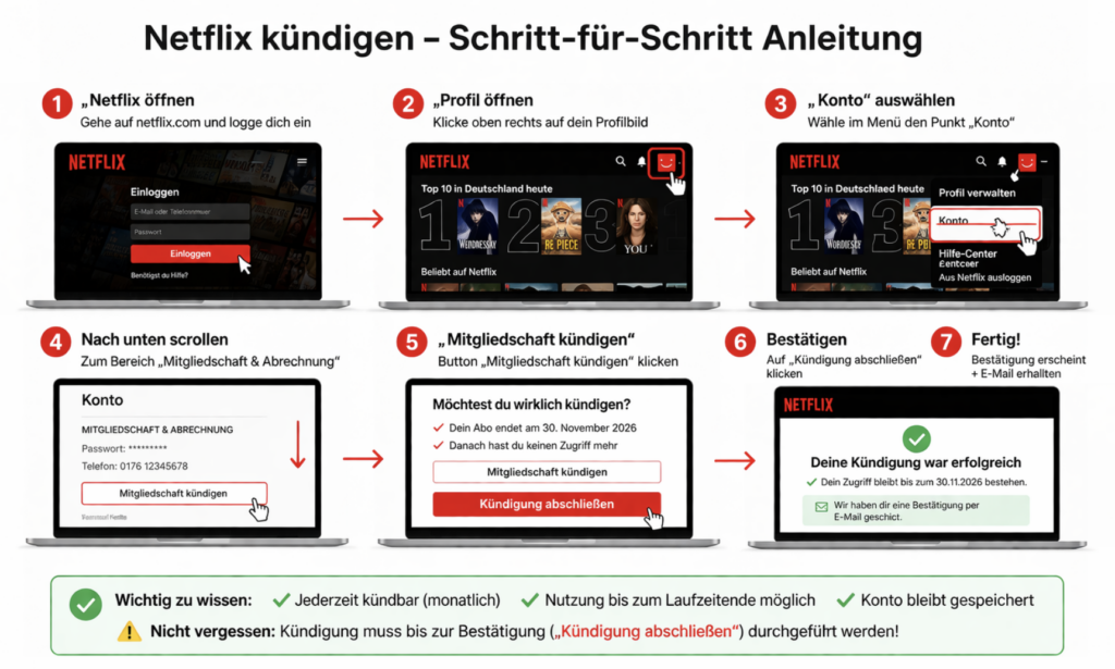 Netflix kündigen Anleitung Schritt für Schritt 2026 – Konto öffnen, Mitgliedschaft kündigen und Kündigung bestätigen
