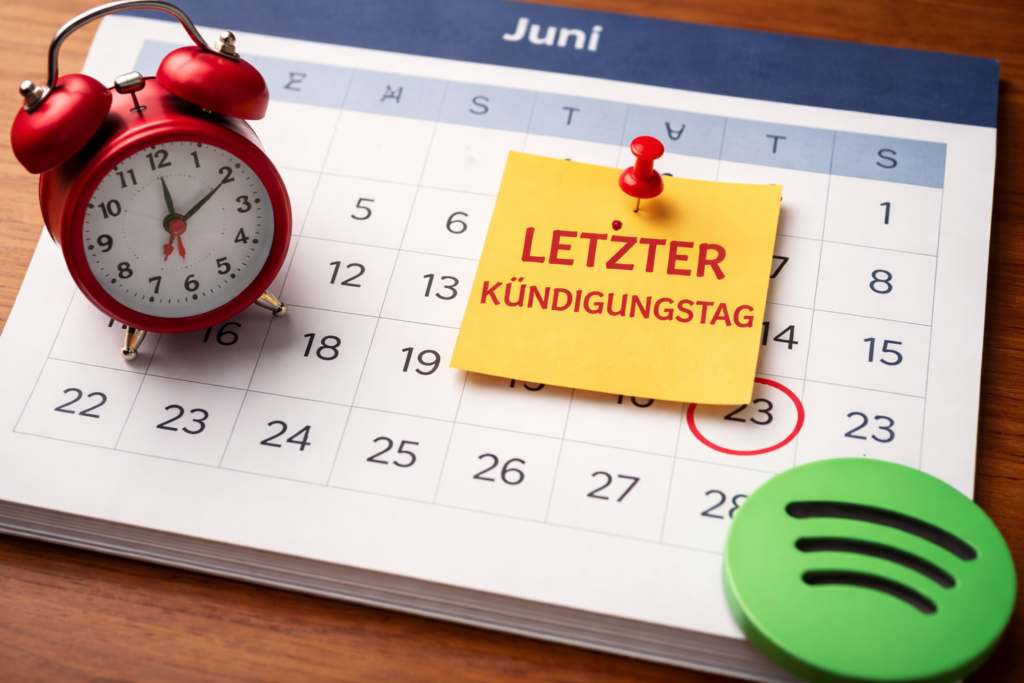 Spotify Kündigungsfrist – Kalender mit markiertem Termin und Hinweis auf rechtzeitige Abo Kündigung
