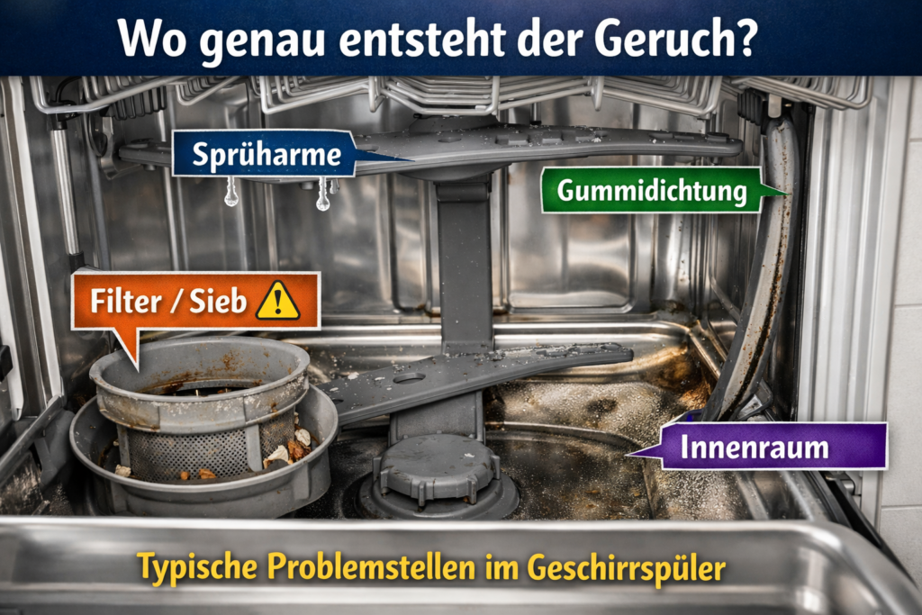 Spülmaschine stinkt innen mit markierten Problemstellen wie Filter, Sprüharmen, Gummidichtung und Innenraum – typische Ursachen für unangenehme Gerüche