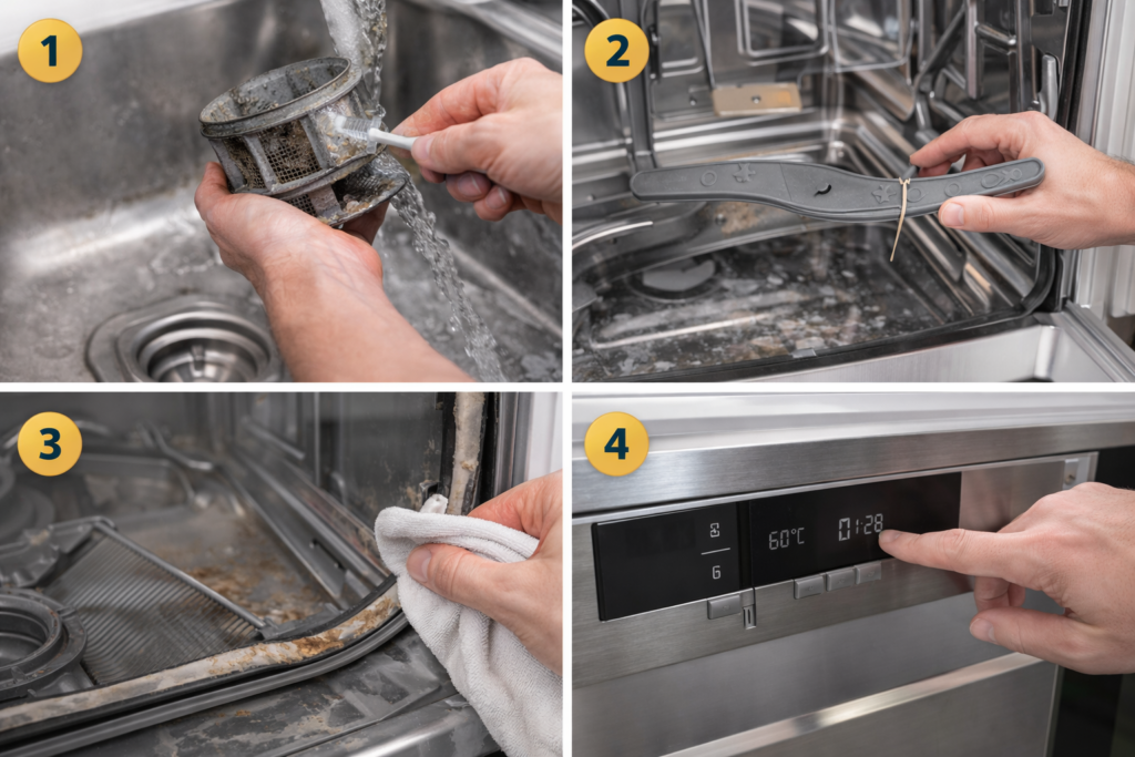 Spülmaschine reinigen Schritt für Schritt: Filter reinigen, Sprüharme prüfen, Gummidichtung putzen und heißer Spülgang starten