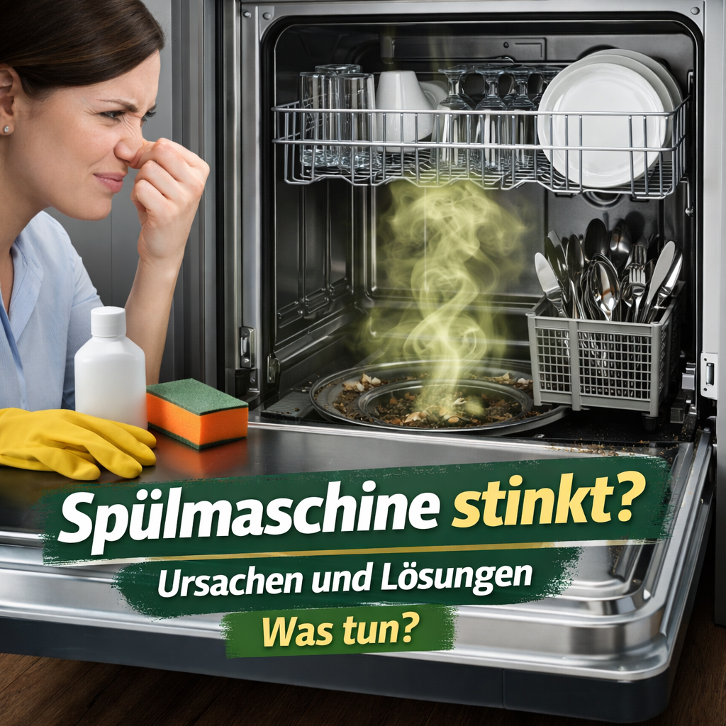 Spülmaschine mit unangenehmem Geruch, verschmutztem Filter und Essensresten – zeigt typische Ursachen für eine stinkende Spülmaschine