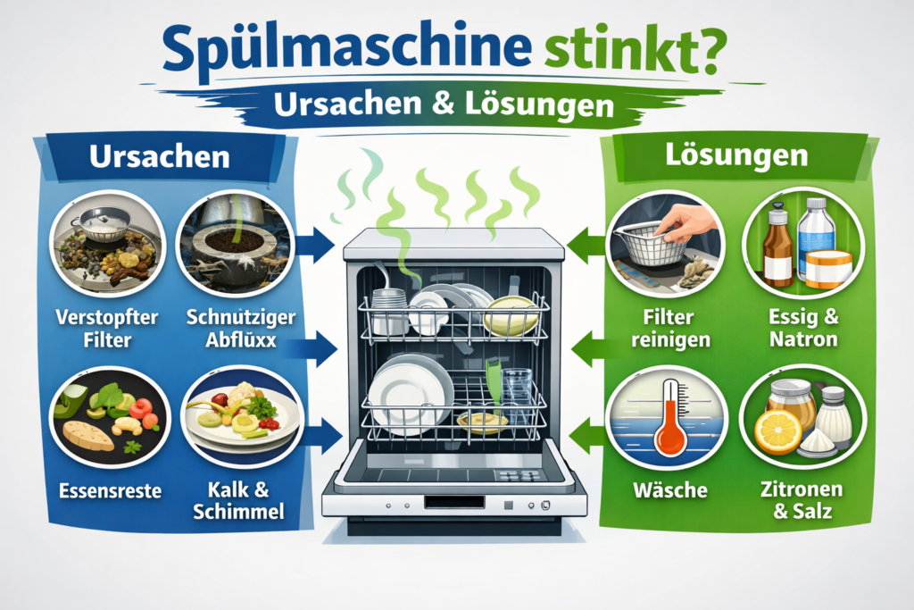 Spülmaschine stinkt Ursachen und Lösungen Infografik mit Tipps zur Reinigung