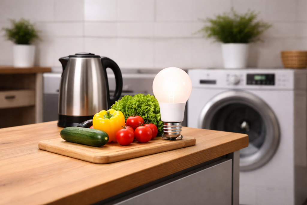 Energie sparen im Haushalt in der Küche mit effizienten Geräten und Lebensmitteln