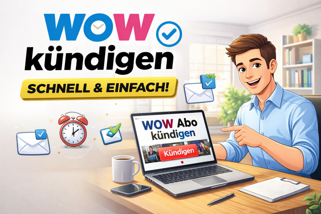 WOW kündigen Headerbild im Querformat mit Laptop und Anleitung zur schnellen Kündigung des WOW Abo