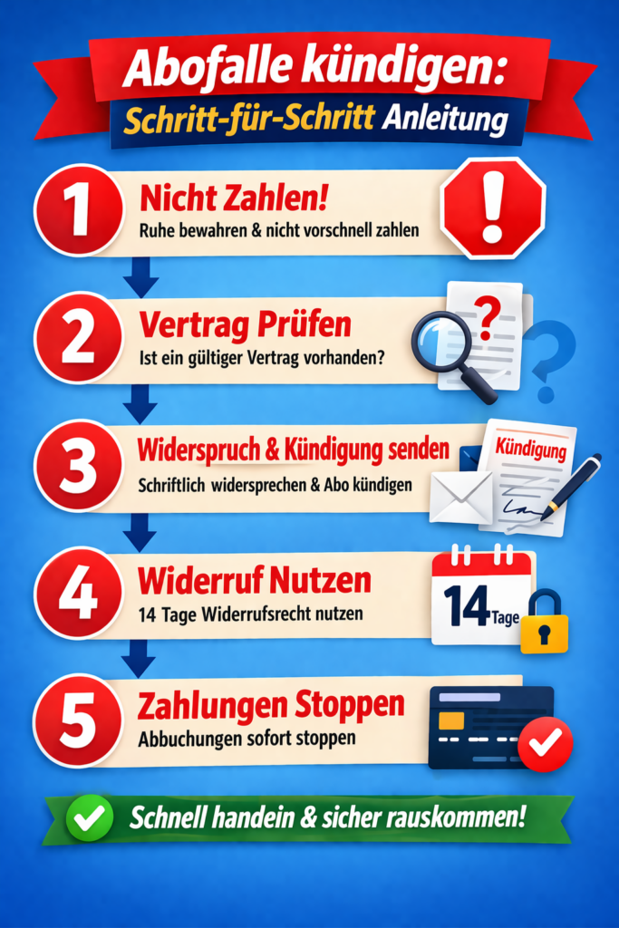 Abofalle kündigen Schritt für Schritt Anleitung mit 5 Schritten: nicht zahlen, Vertrag prüfen, Kündigung senden, Widerruf nutzen und Zahlungen stoppen