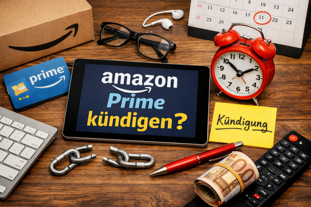Amazon Prime kündigen Darstellung mit Tablet, Abo Symbolen, Geld und Kalender zur Veranschaulichung der Kündigung eines Abonnements