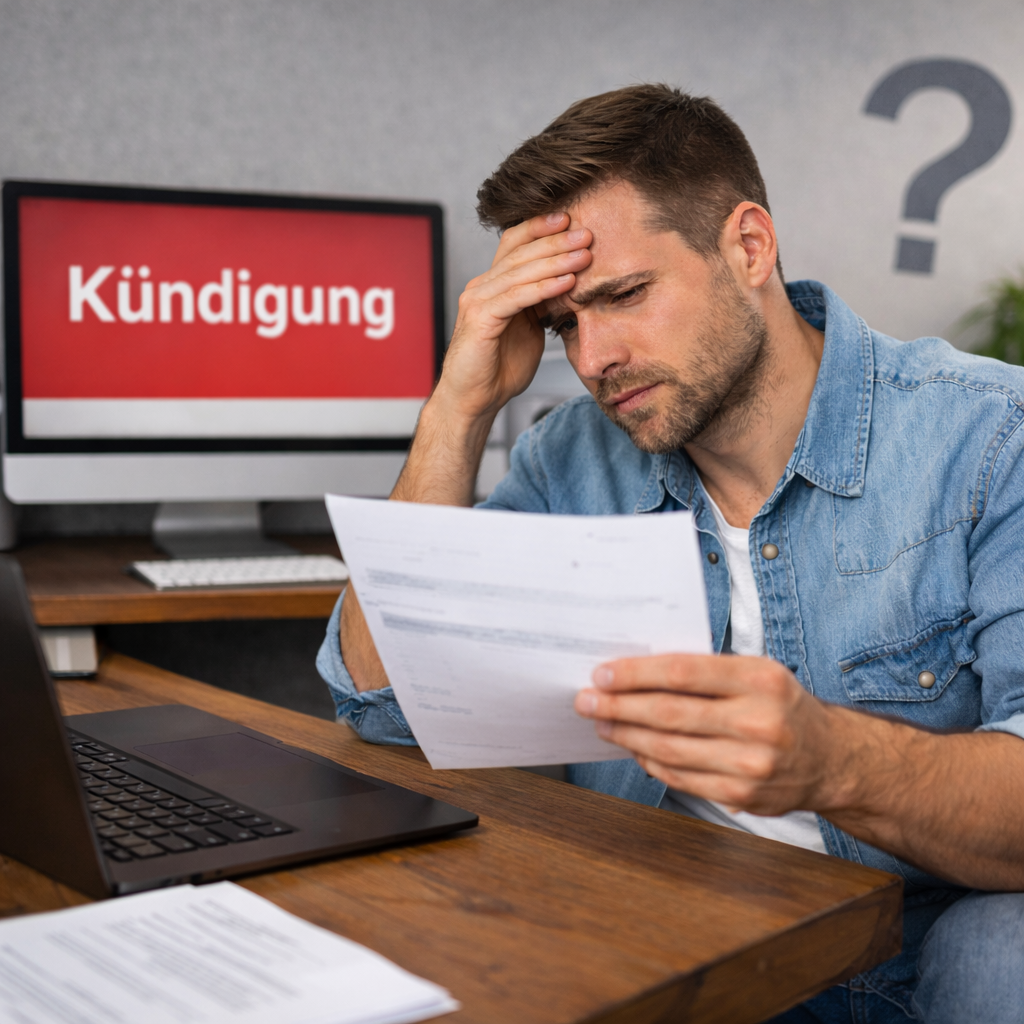 Kündigung nicht bestätigt: Besorgter Mann sitzt am Schreibtisch und prüft ein Dokument nach einer Kündigung ohne Rückmeldung