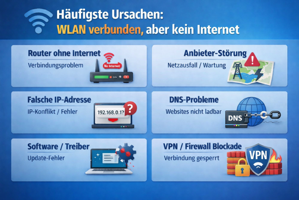 WLAN verbunden aber kein Internet – häufigste Ursachen wie Router-Problem, Anbieter-Störung, DNS-Fehler und IP-Konflikt