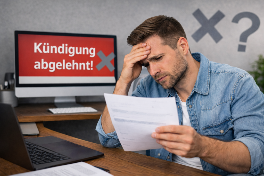Verunsicherter Mann schaut auf ein Dokument, nachdem seine Kündigung nicht akzeptiert wurde.