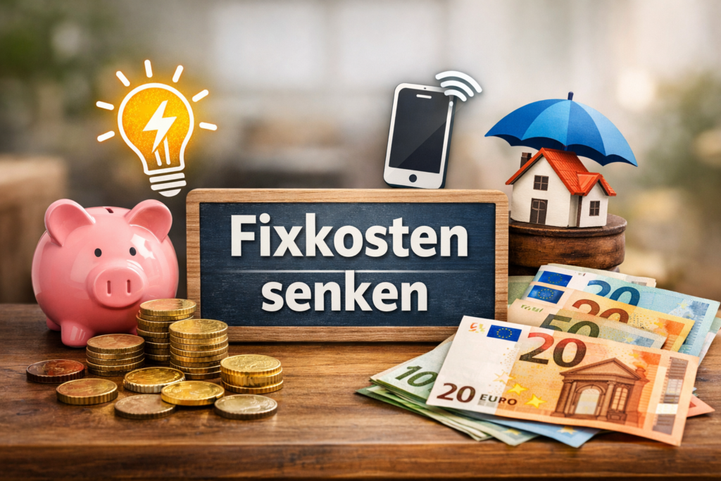 Fixkosten senken: Symbolbild mit Sparschwein, Euro-Geld, Strom, Handy und Versicherungen zur Reduzierung monatlicher Kosten.