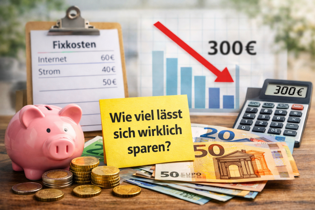 Wie viel lässt sich mit Fixkosten senken sparen? Symbolbild mit Sparschwein, Euro-Geld, Taschenrechner und Übersicht zu monatlichen Einsparungen